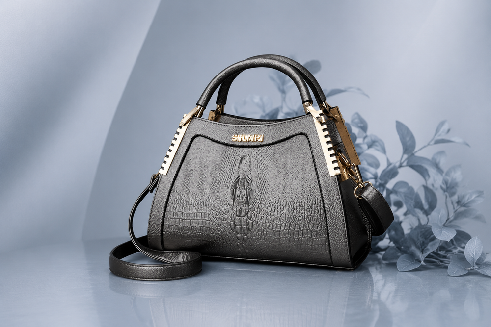 Luxury Crocodile Pattern Black Leather Handbag